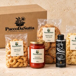 Paccu Piccinnu: scatola kraft PaccoDaSutta, cinque prodotti e olio Tenuta Matiricò in lattina da 250 ml